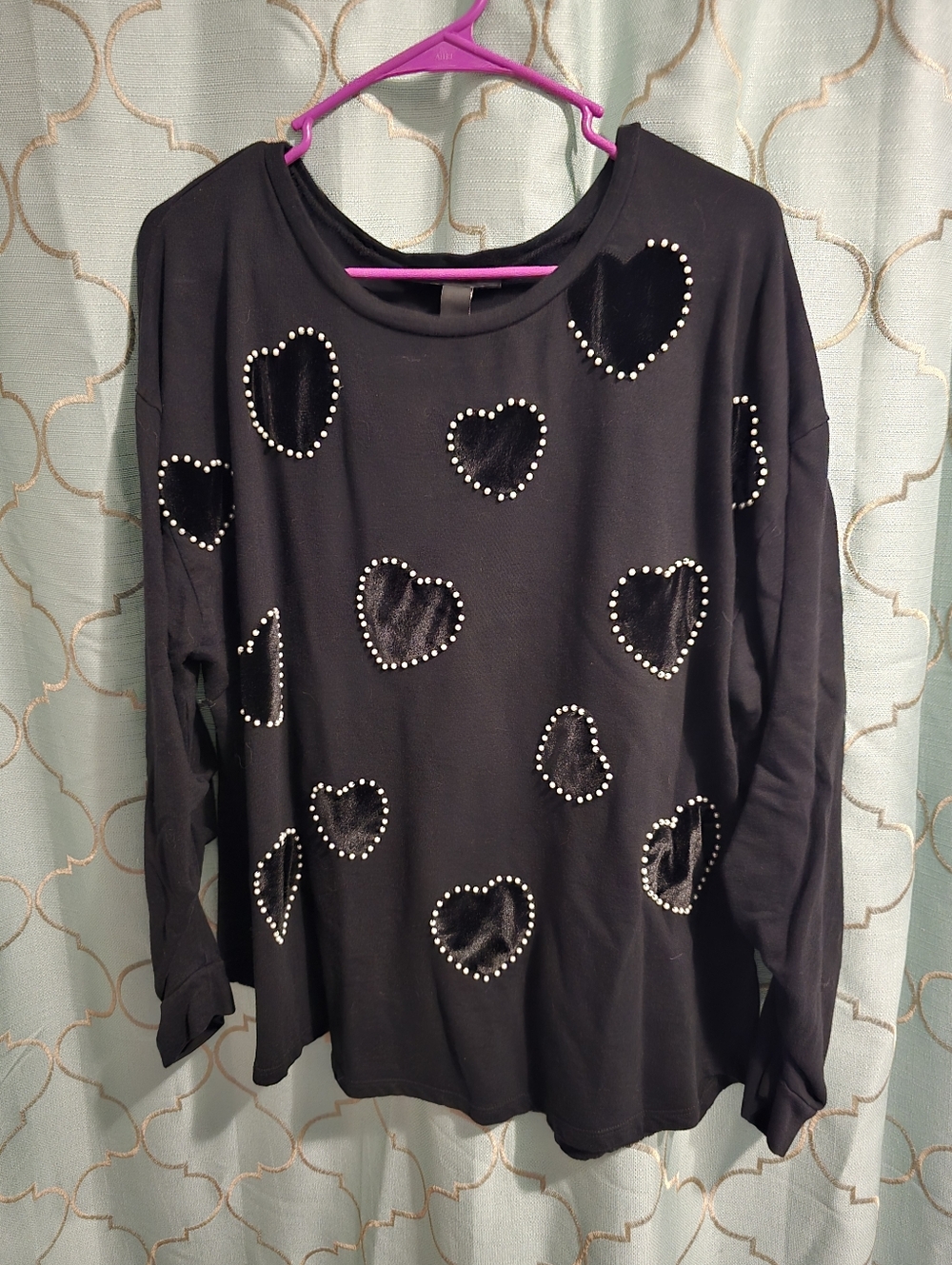 INC International Concepts Women's 2XL Long Sleeve Black Velvet Hearts Beads